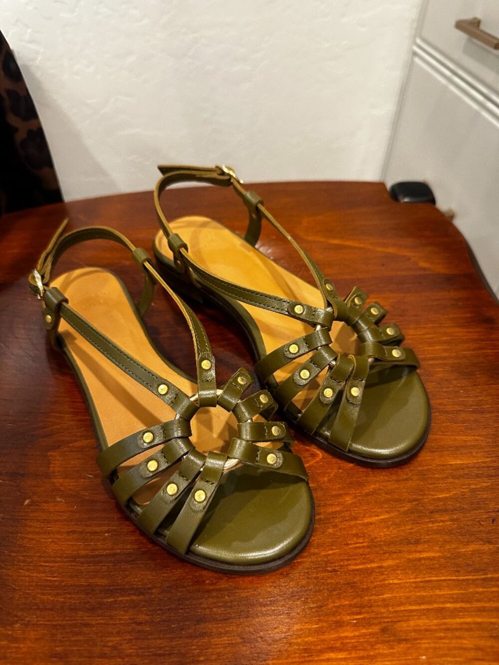 Sezane Iris Low Sandals Smooth Olive Green - Size US 4